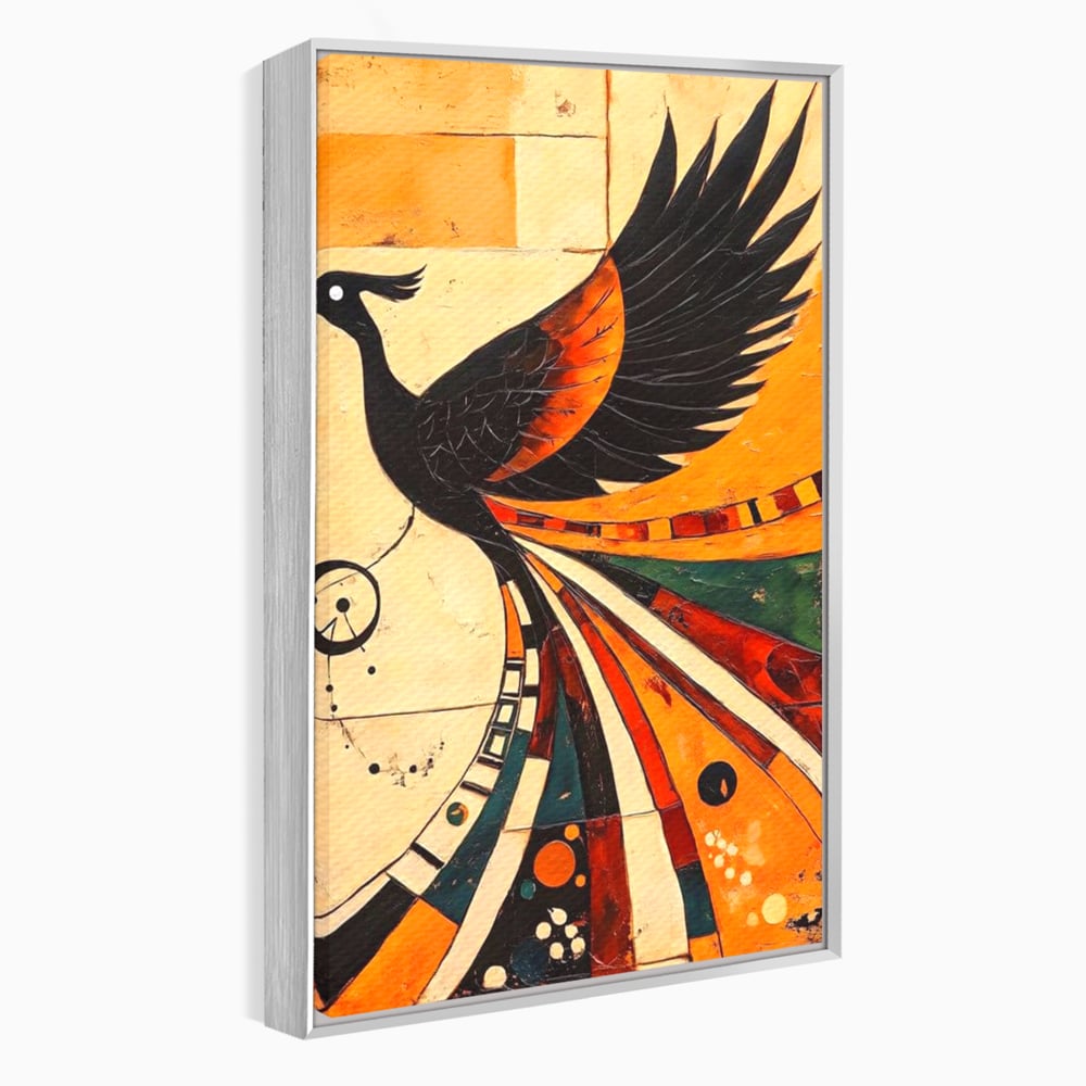 Tablou canvas cu tablou canvas cu pasar phoenix stilizata, in rama de aluminiu argintiu
