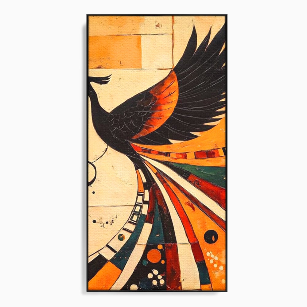 Tablou canvas cu tablou canvas cu pasar phoenix stilizata, in rama de aluminiu negru