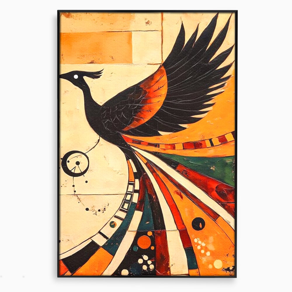 Tablou canvas cu tablou canvas cu pasar phoenix stilizata, in rama de aluminiu negru