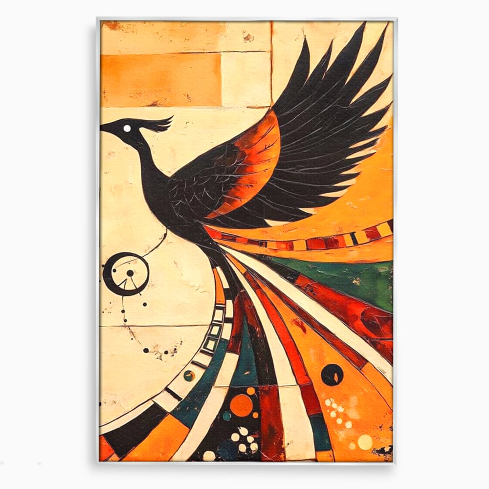 Tablou canvas cu tablou canvas cu pasar phoenix stilizata, in rama de aluminiu argintiu