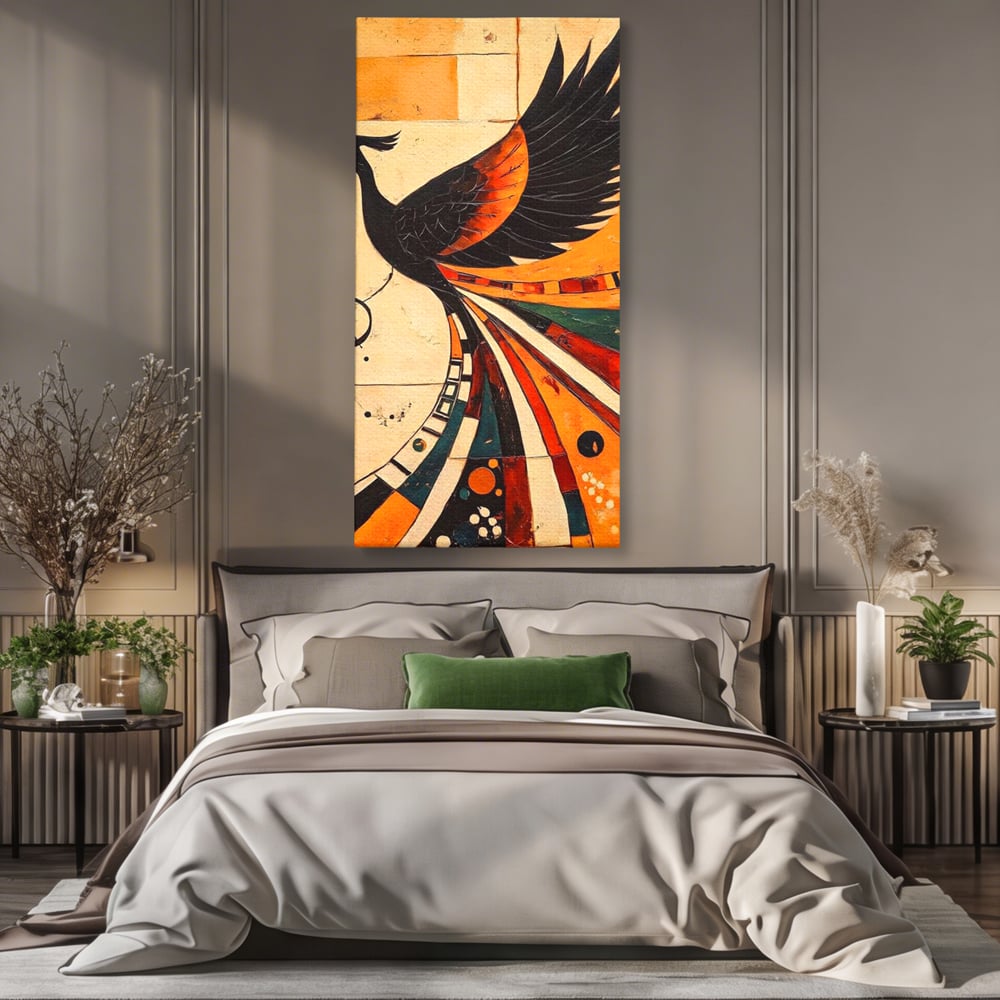 Tablou canvas cu tablou canvas cu pasar phoenix stilizata, fara rama, pe sasiu de lemn, pe perete intr-un dormitor