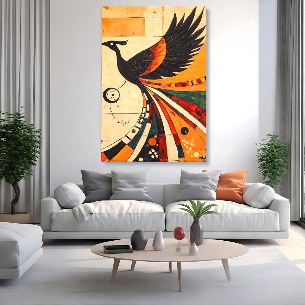 Tablou canvas cu tablou canvas cu pasar phoenix stilizata, fara rama, pe sasiu de lemn, pe perete intr-un living