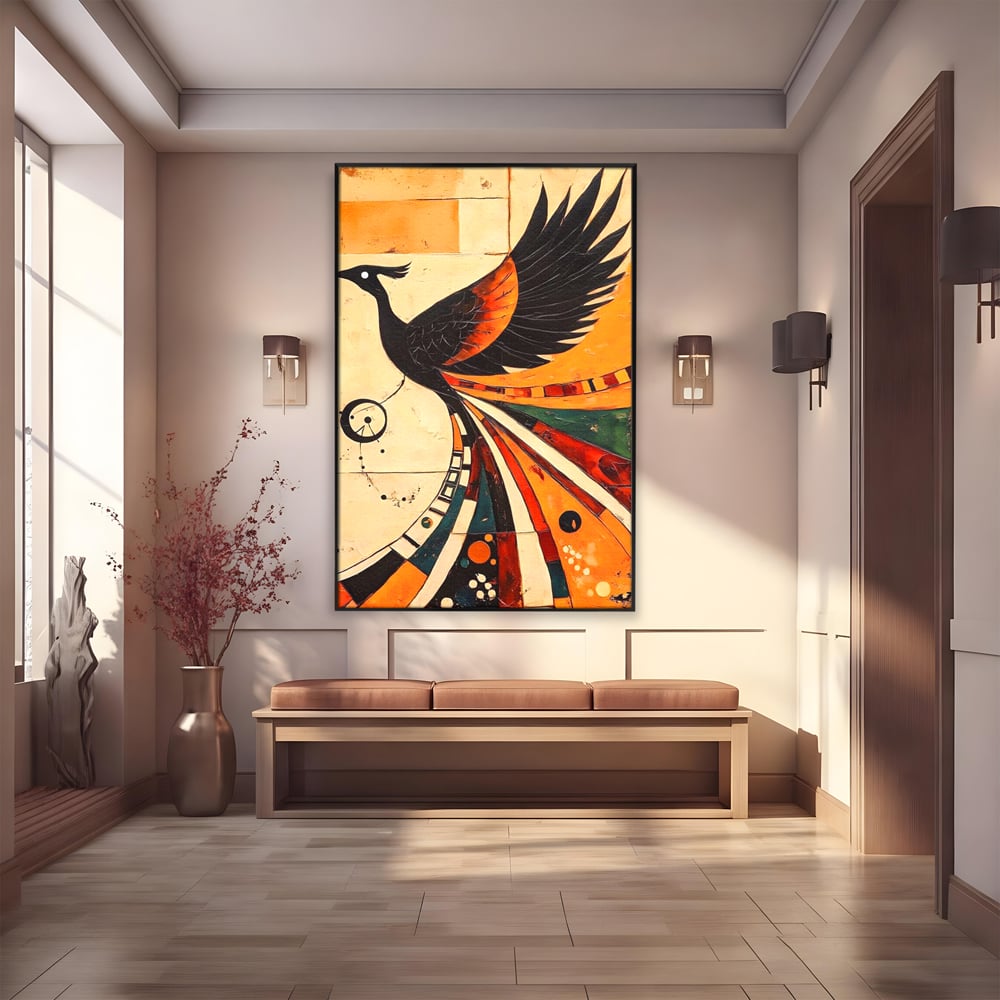 Tablou canvas cu tablou canvas cu pasar phoenix stilizata, in rama de aluminiu negru
