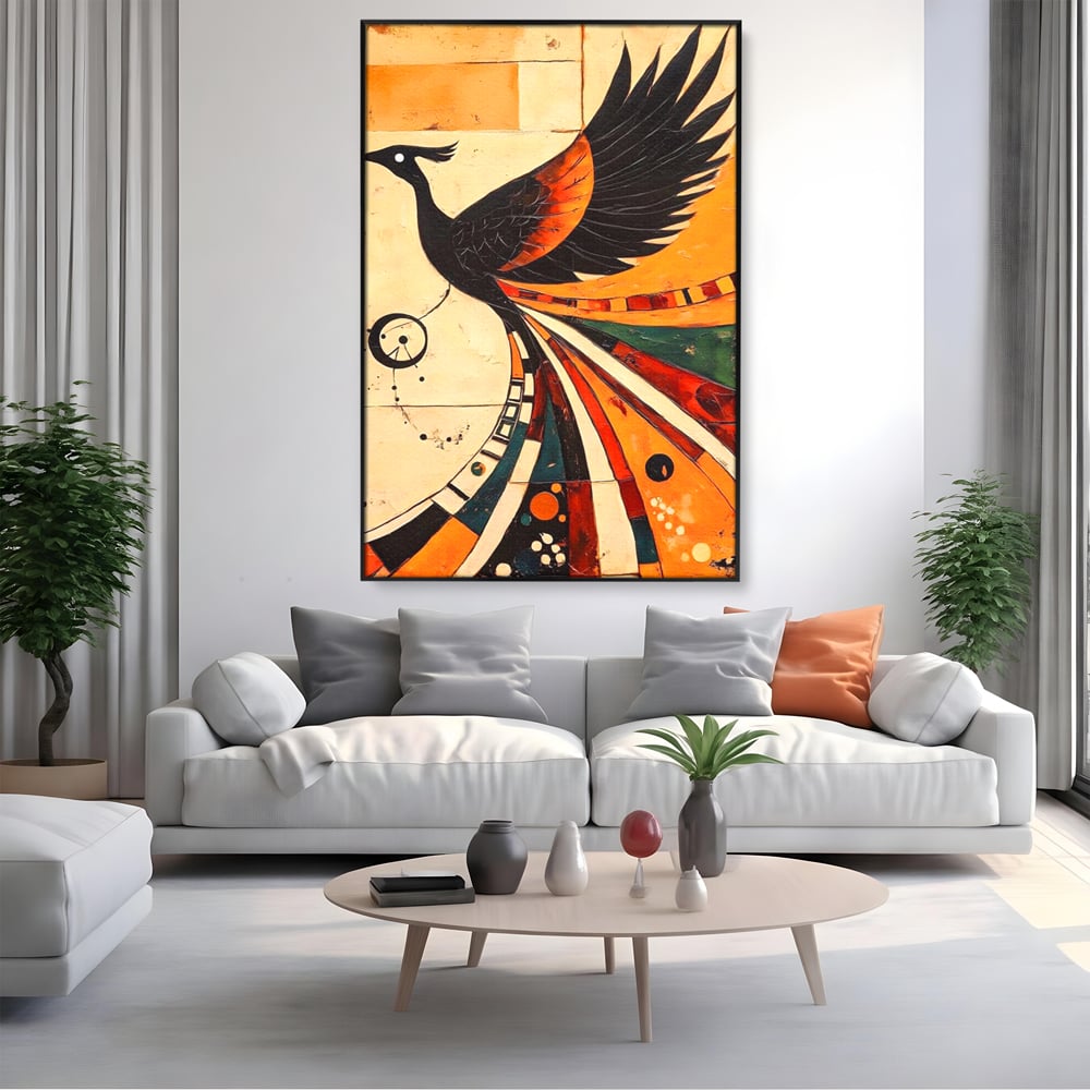 Tablou canvas cu tablou canvas cu pasar phoenix stilizata, in rama de aluminiu negru, pe perete intr-un living