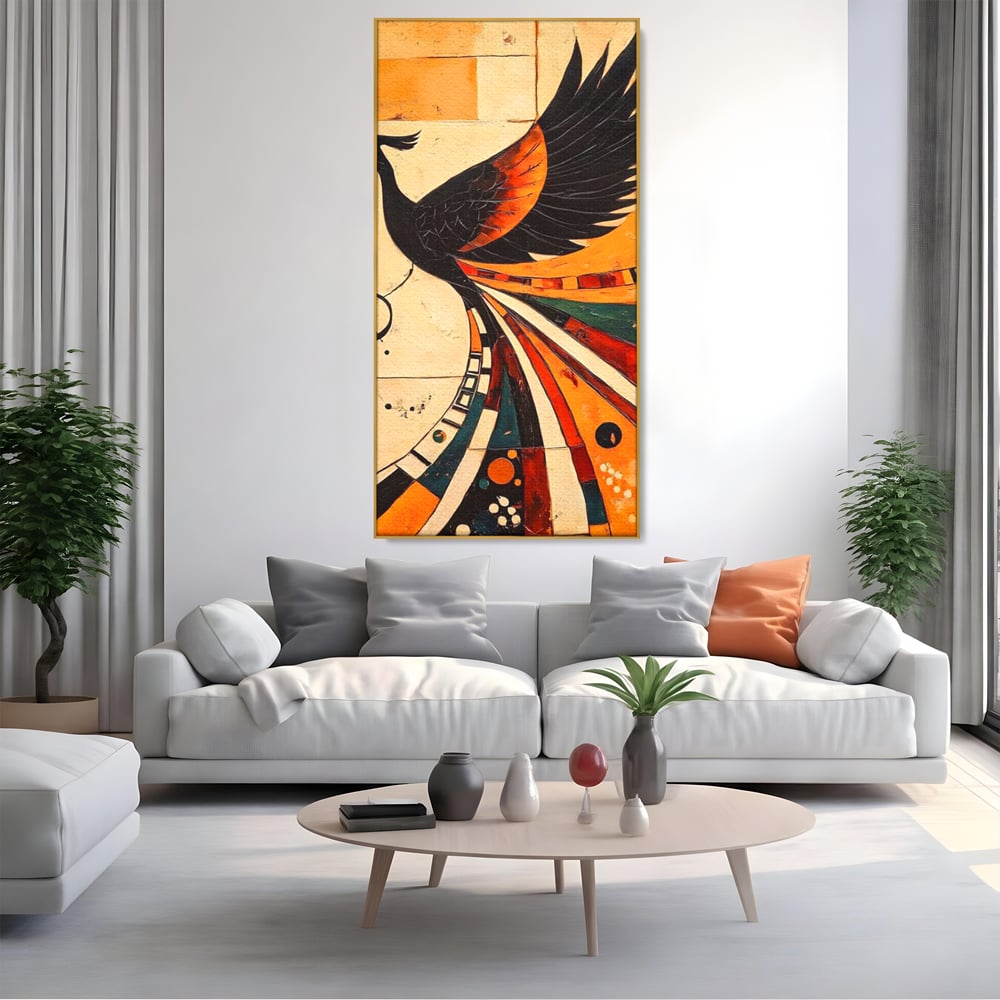 Tablou canvas cu tablou canvas cu pasar phoenix stilizata, in rama de aluminiu auriu, pe perete intr-un living