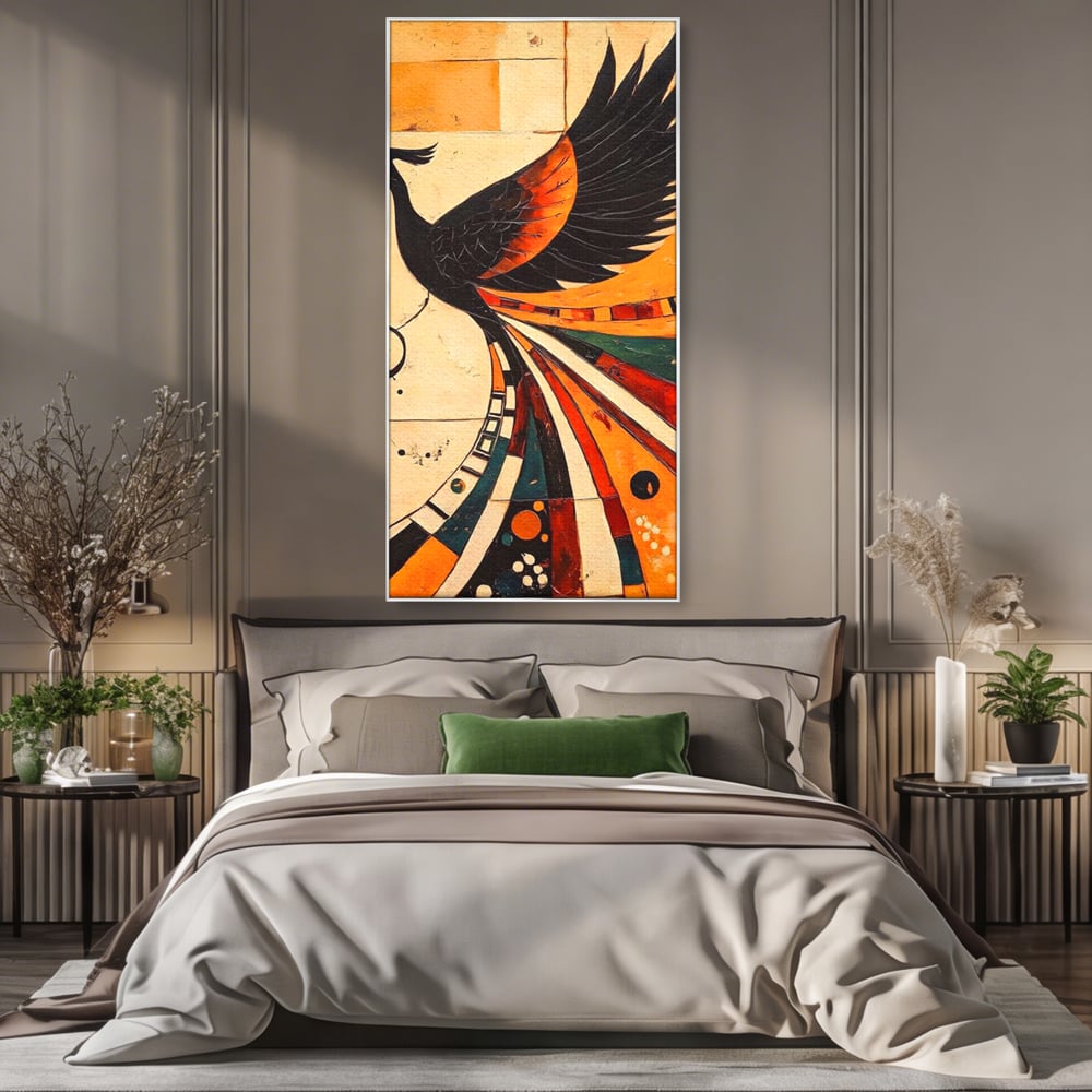 Tablou canvas cu tablou canvas cu pasar phoenix stilizata, in rama de aluminiu argintiu, pe perete intr-un dormitor