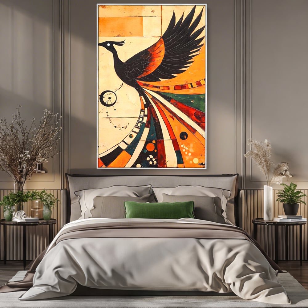 Tablou canvas cu tablou canvas cu pasar phoenix stilizata, in rama de aluminiu argintiu, pe perete intr-un dormitor