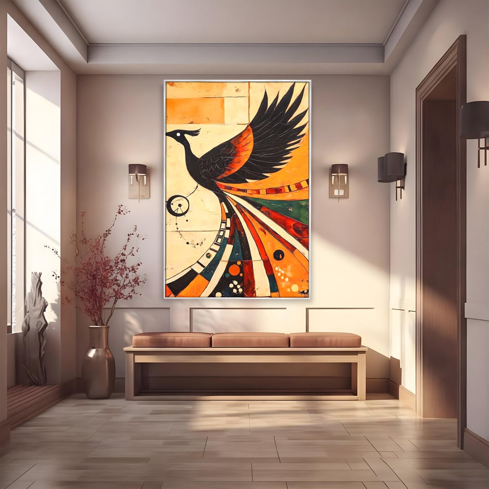 Tablou canvas cu tablou canvas cu pasar phoenix stilizata, in rama de aluminiu argintiu