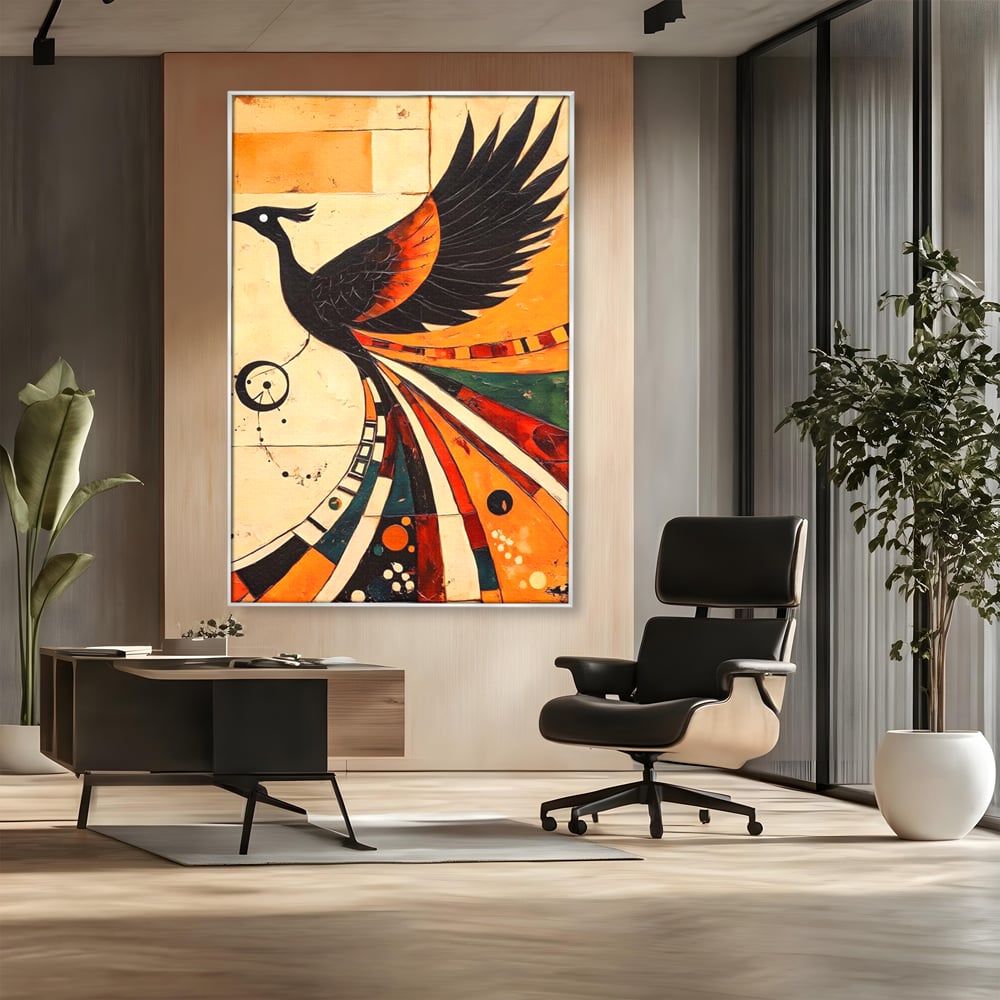 Tablou canvas cu tablou canvas cu pasar phoenix stilizata, in rama de aluminiu argintiu, pe perete intr-un birou