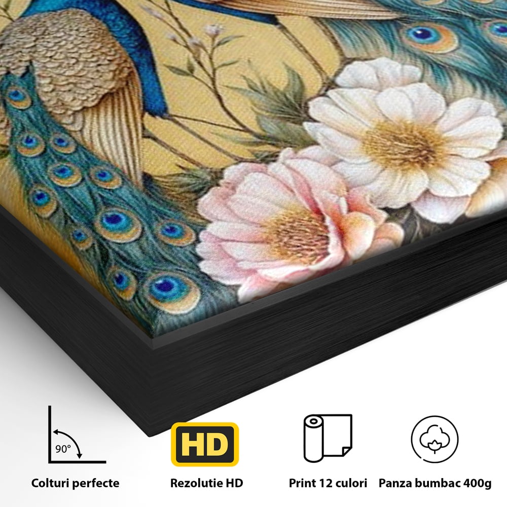 Detaliu al suprafetei: tablou canvas cu doi pauni si flori, in rama de aluminiu negru