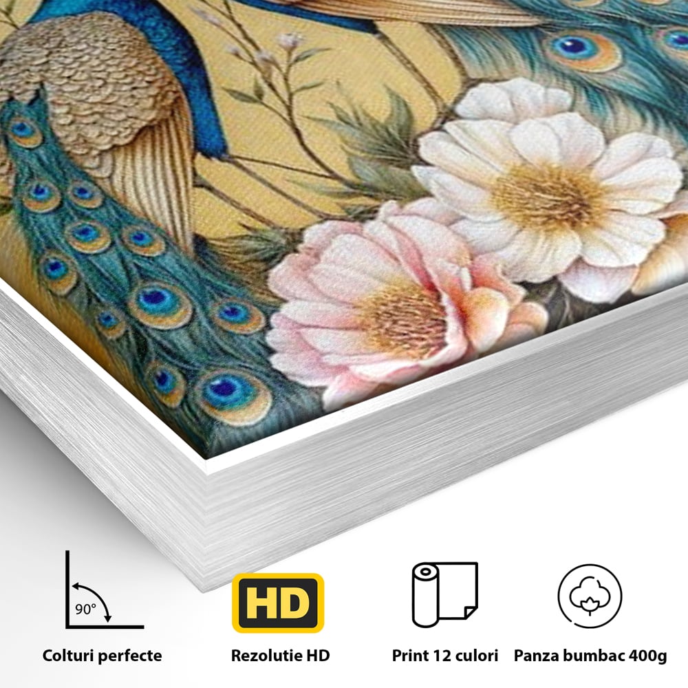 Detaliu al suprafetei: tablou canvas cu doi pauni si flori, in rama de aluminiu argintiu