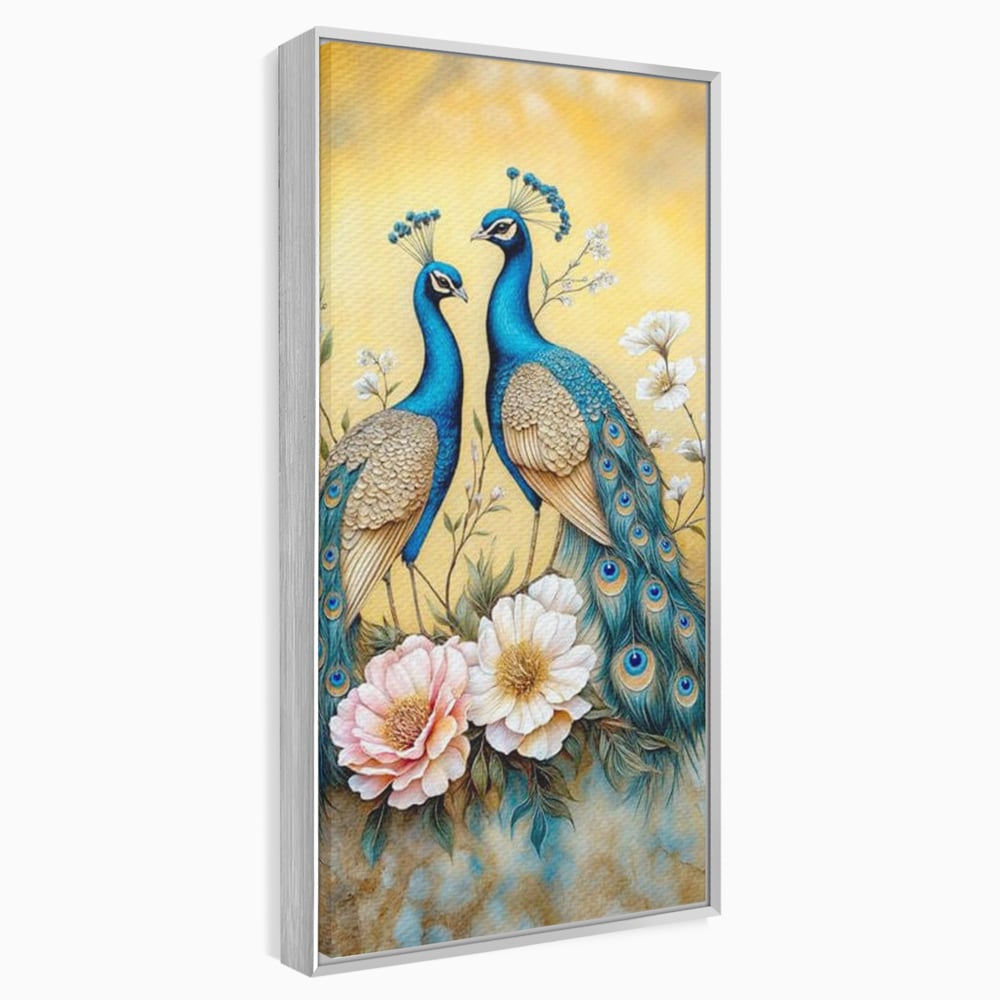 Tablou canvas cu tablou canvas cu doi pauni si flori, in rama de aluminiu argintiu