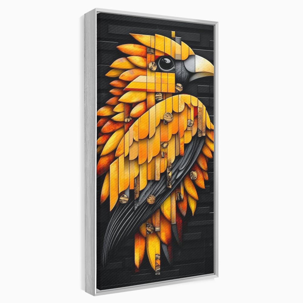 Tablou canvas cu tablou canvas cu pasare geometrica aurie, in rama de aluminiu argintiu
