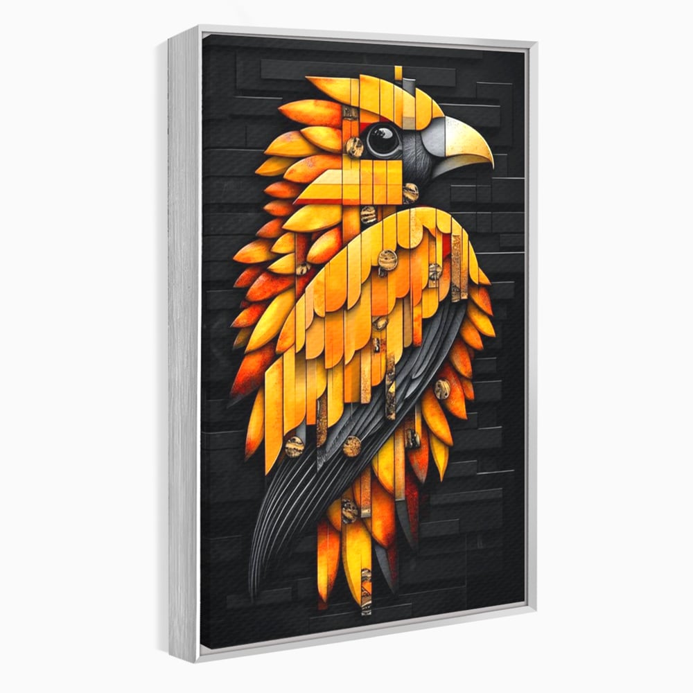 Tablou canvas cu tablou canvas cu pasare geometrica aurie, in rama de aluminiu argintiu