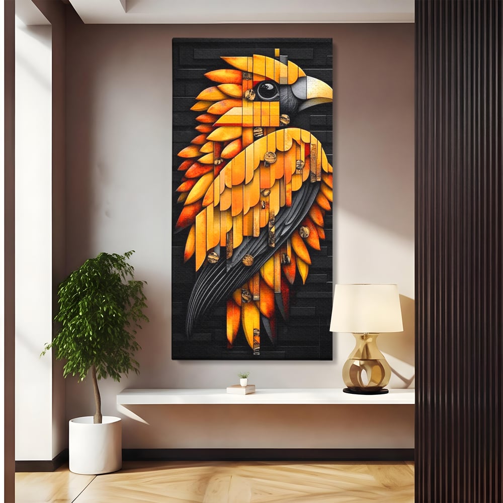 Tablou canvas cu tablou canvas cu pasare geometrica aurie, fara rama, pe sasiu de lemn