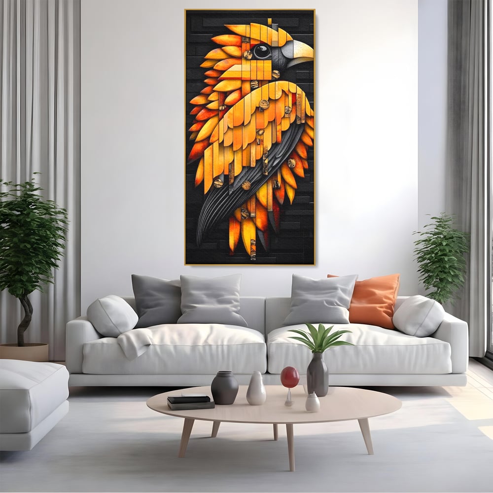 Tablou canvas cu tablou canvas cu pasare geometrica aurie, in rama de aluminiu auriu, pe perete intr-un living