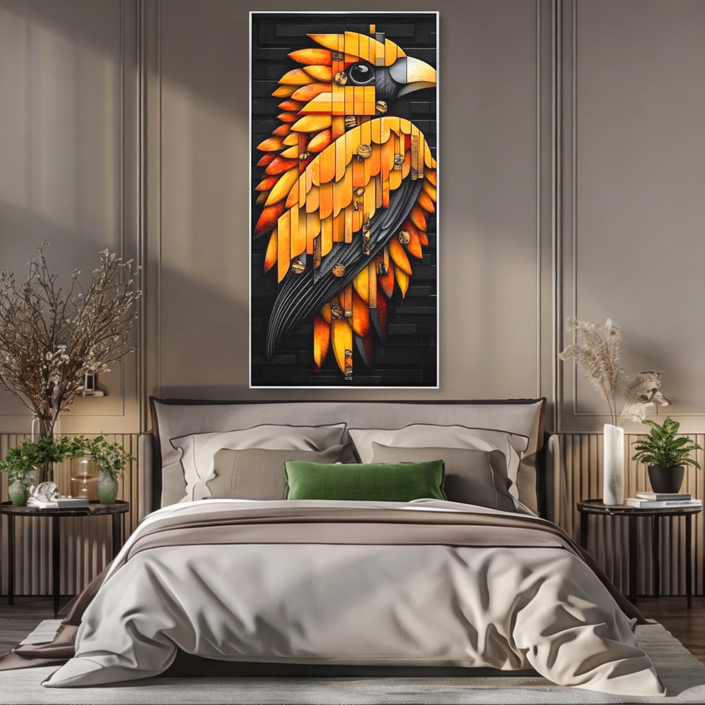 Tablou canvas cu tablou canvas cu pasare geometrica aurie, in rama de aluminiu argintiu, pe perete intr-un dormitor
