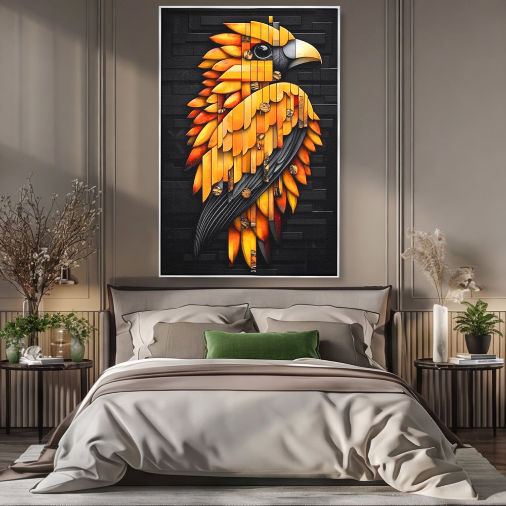 Tablou canvas cu tablou canvas cu pasare geometrica aurie, in rama de aluminiu argintiu, pe perete intr-un dormitor