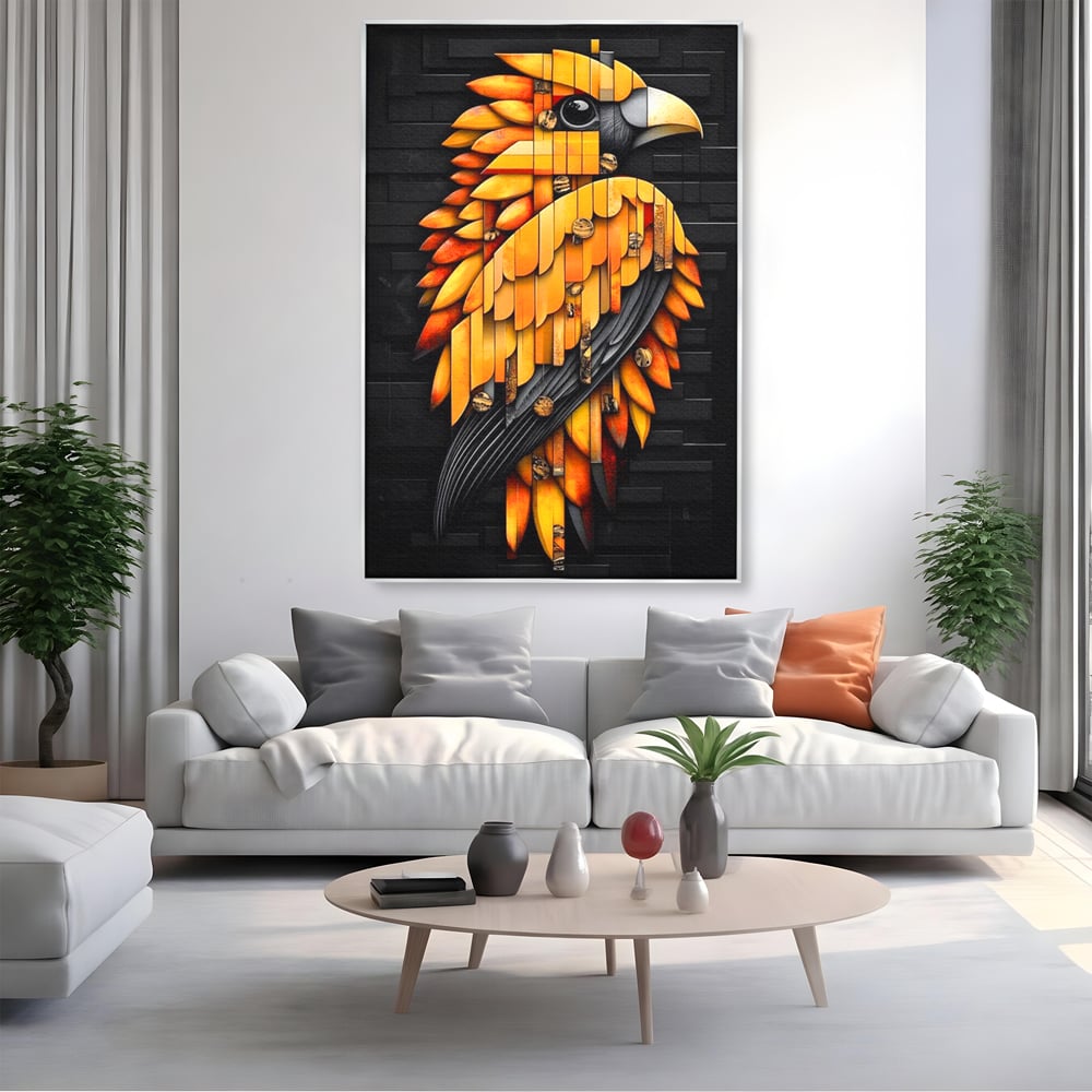 Tablou canvas cu tablou canvas cu pasare geometrica aurie, in rama de aluminiu argintiu, pe perete intr-un living