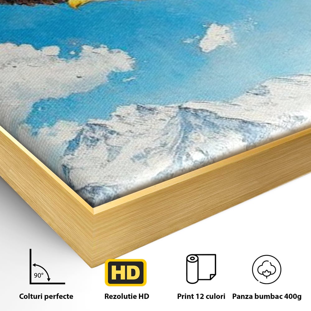 Detaliu al suprafetei: tablou canvas cu vultur in zbor deasupra muntilor, in rama de aluminiu auriu