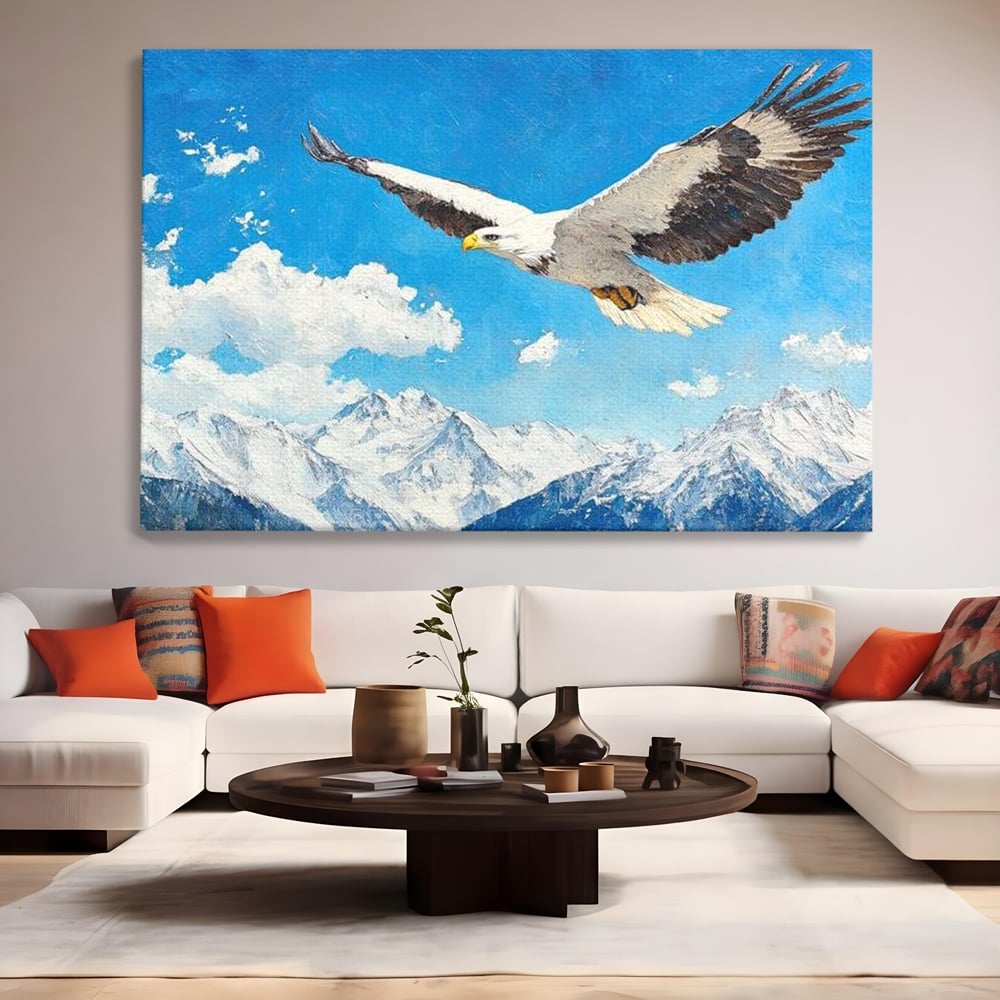 Tablou canvas cu tablou canvas cu vultur in zbor deasupra muntilor, fara rama, pe sasiu de lemn, pe perete intr-un living