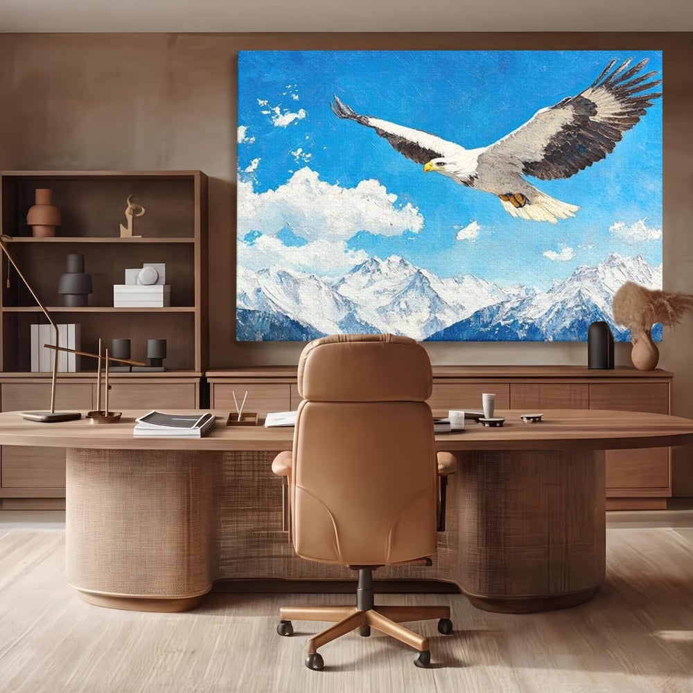 Tablou canvas cu tablou canvas cu vultur in zbor deasupra muntilor, fara rama, pe sasiu de lemn, pe perete intr-un birou