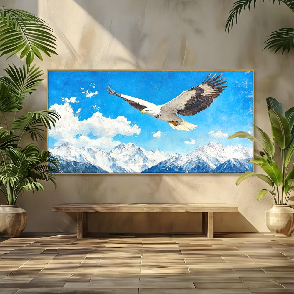Tablou canvas cu tablou canvas cu vultur in zbor deasupra muntilor, in rama de aluminiu auriu