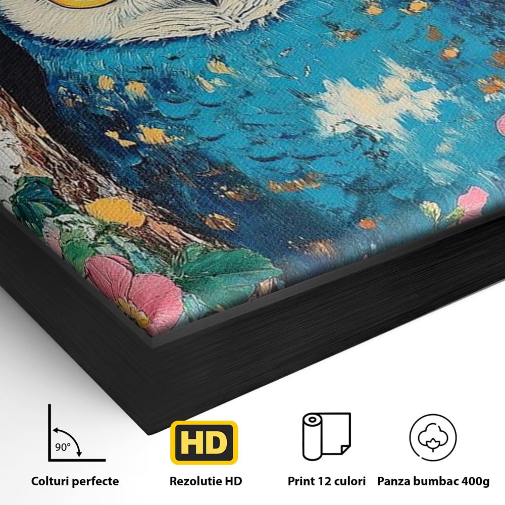 Detaliu al suprafetei: tablou canvas cu bufnita albastra, in rama de aluminiu negru