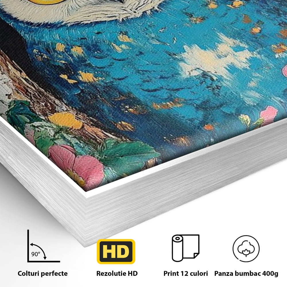 Detaliu al suprafetei: tablou canvas cu bufnita albastra, in rama de aluminiu argintiu