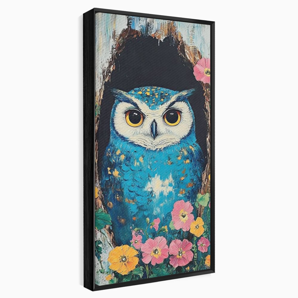 Tablou canvas cu tablou canvas cu bufnita albastra, in rama de aluminiu negru