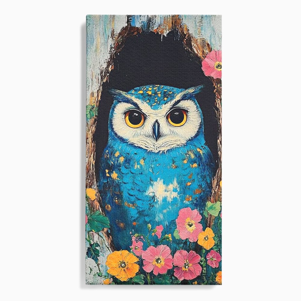 Tablou canvas cu tablou canvas cu bufnita albastra, fara rama, pe sasiu de lemn