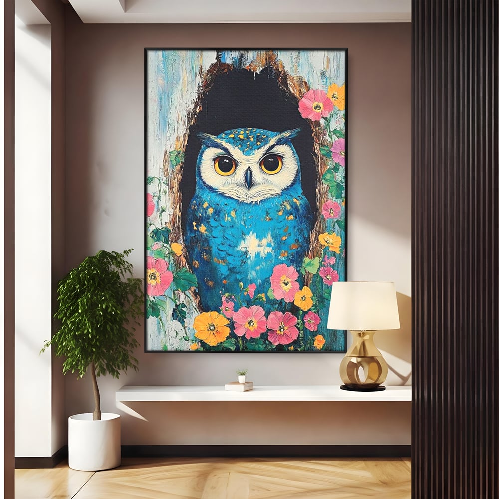 Tablou canvas cu tablou canvas cu bufnita albastra, in rama de aluminiu negru