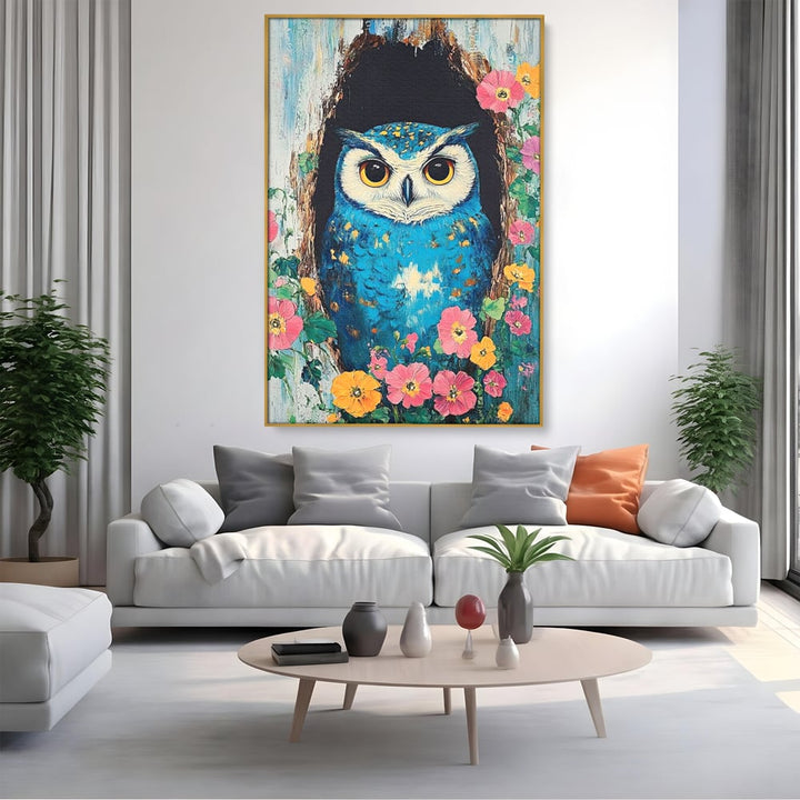 Tablou canvas cu tablou canvas cu bufnita albastra, in rama de aluminiu auriu, pe perete intr-un living