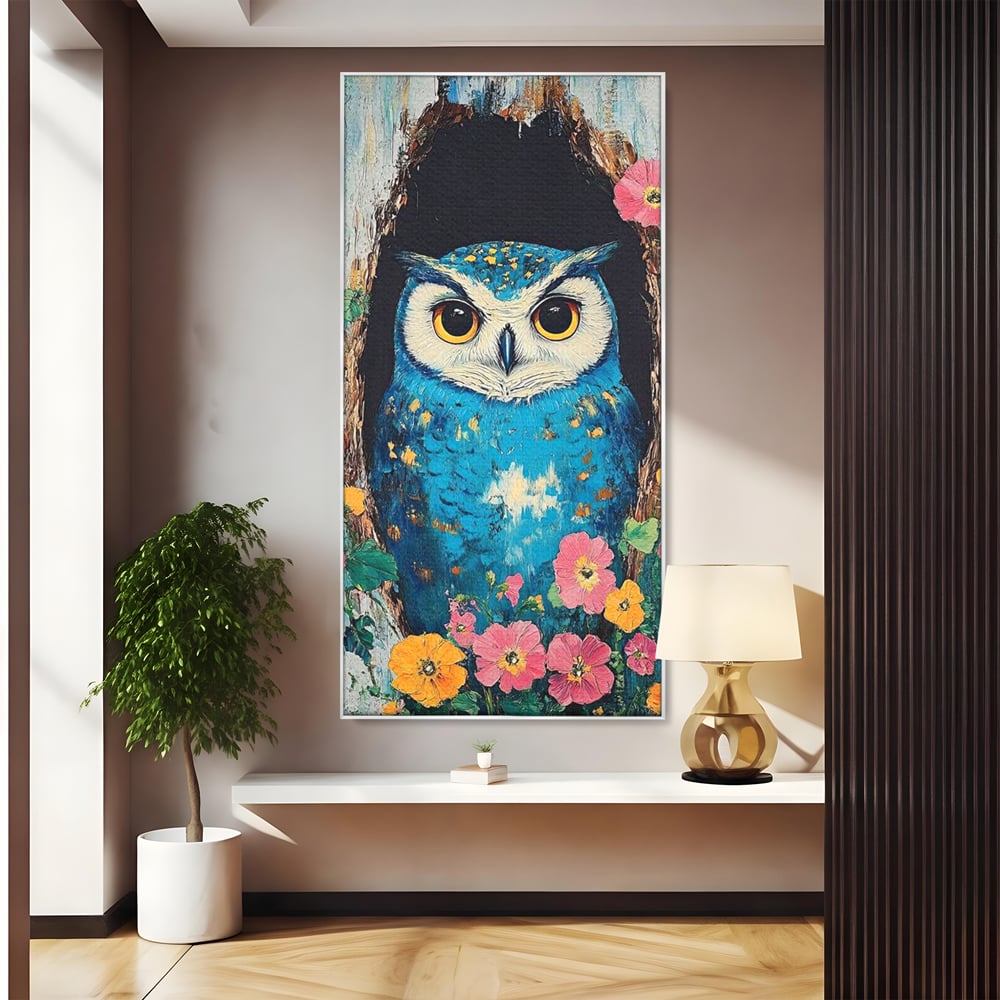 Tablou canvas cu tablou canvas cu bufnita albastra, in rama de aluminiu argintiu