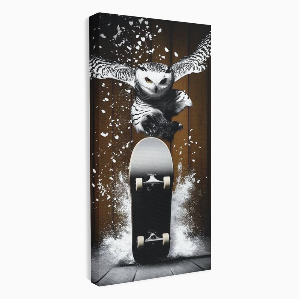 Tablou canvas cu tablou canvas cu bufnita pe skateboard, fara rama, pe sasiu de lemn