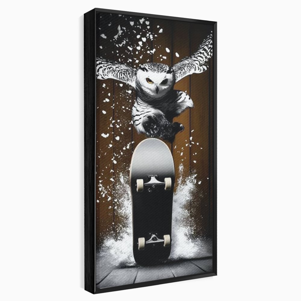 Tablou canvas cu tablou canvas cu bufnita pe skateboard, in rama de aluminiu negru
