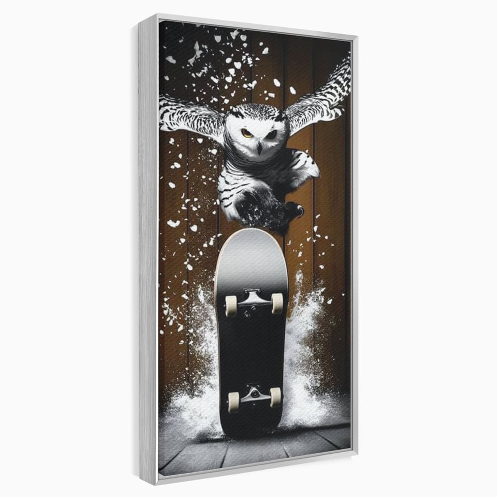 Tablou canvas cu tablou canvas cu bufnita pe skateboard, in rama de aluminiu argintiu