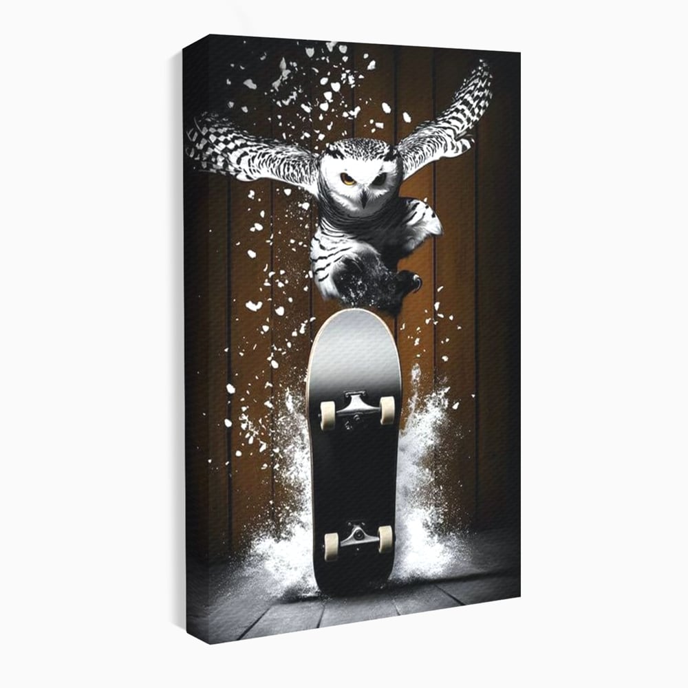 Tablou canvas cu tablou canvas cu bufnita pe skateboard, fara rama, pe sasiu de lemn