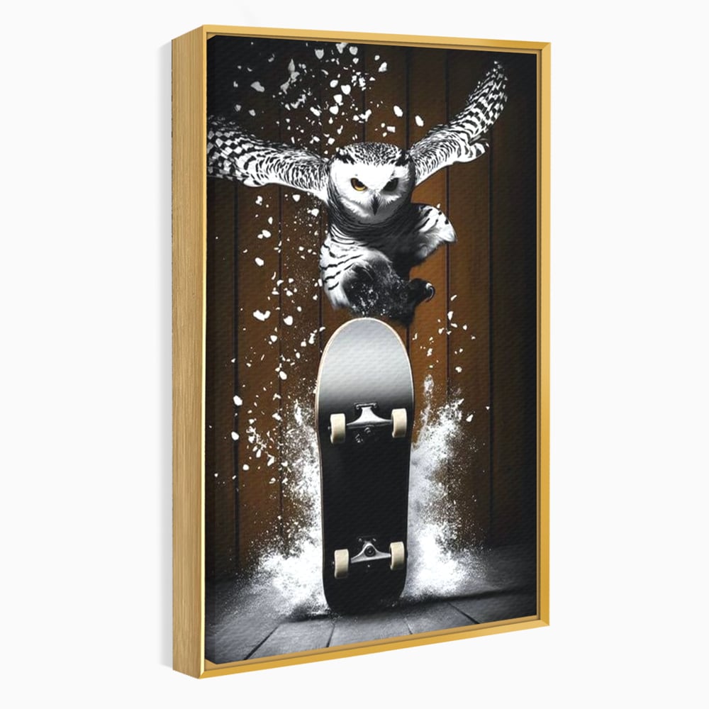 Tablou canvas cu tablou canvas cu bufnita pe skateboard, in rama de aluminiu auriu