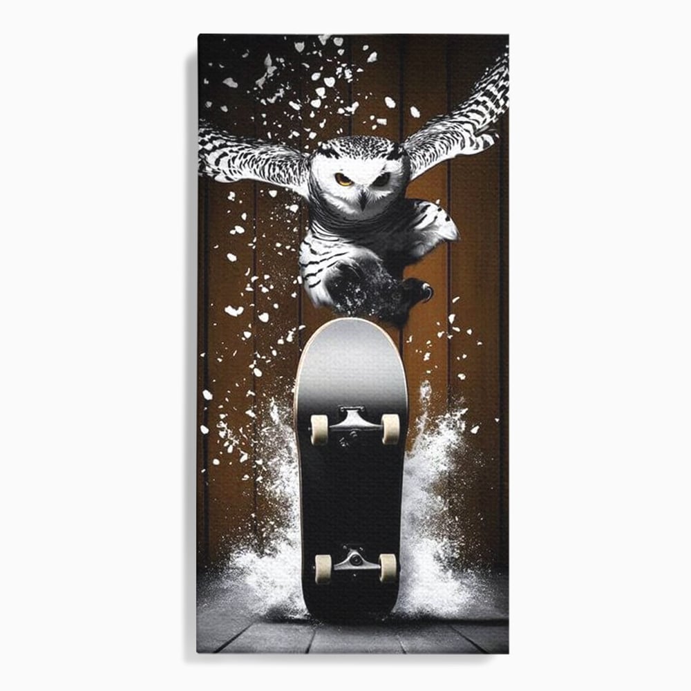 Tablou canvas cu tablou canvas cu bufnita pe skateboard, fara rama, pe sasiu de lemn