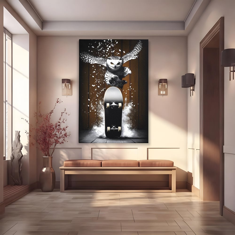 Tablou canvas cu tablou canvas cu bufnita pe skateboard, fara rama, pe sasiu de lemn