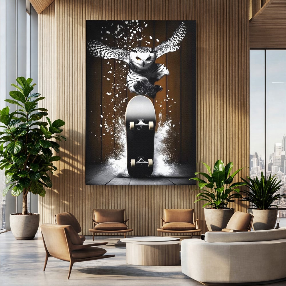 Tablou canvas cu tablou canvas cu bufnita pe skateboard, fara rama, pe sasiu de lemn, pe perete intr-un birou
