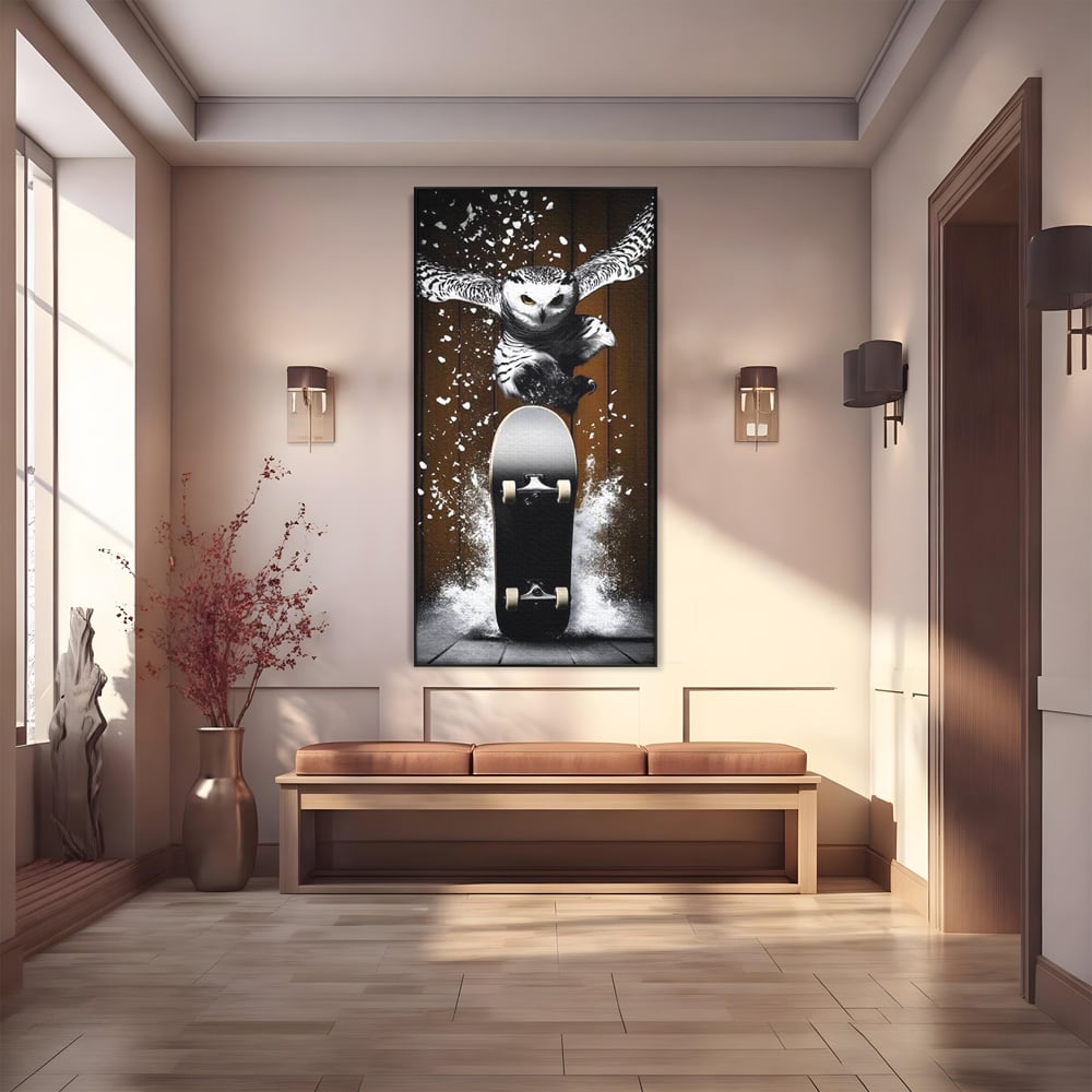 Tablou canvas cu tablou canvas cu bufnita pe skateboard, in rama de aluminiu negru