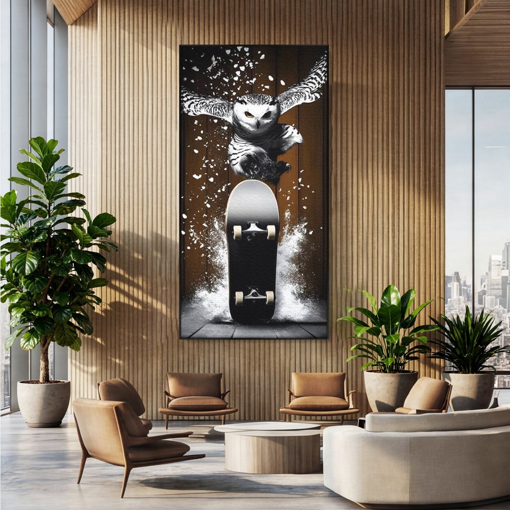 Tablou canvas cu tablou canvas cu bufnita pe skateboard, in rama de aluminiu negru, pe perete intr-un birou