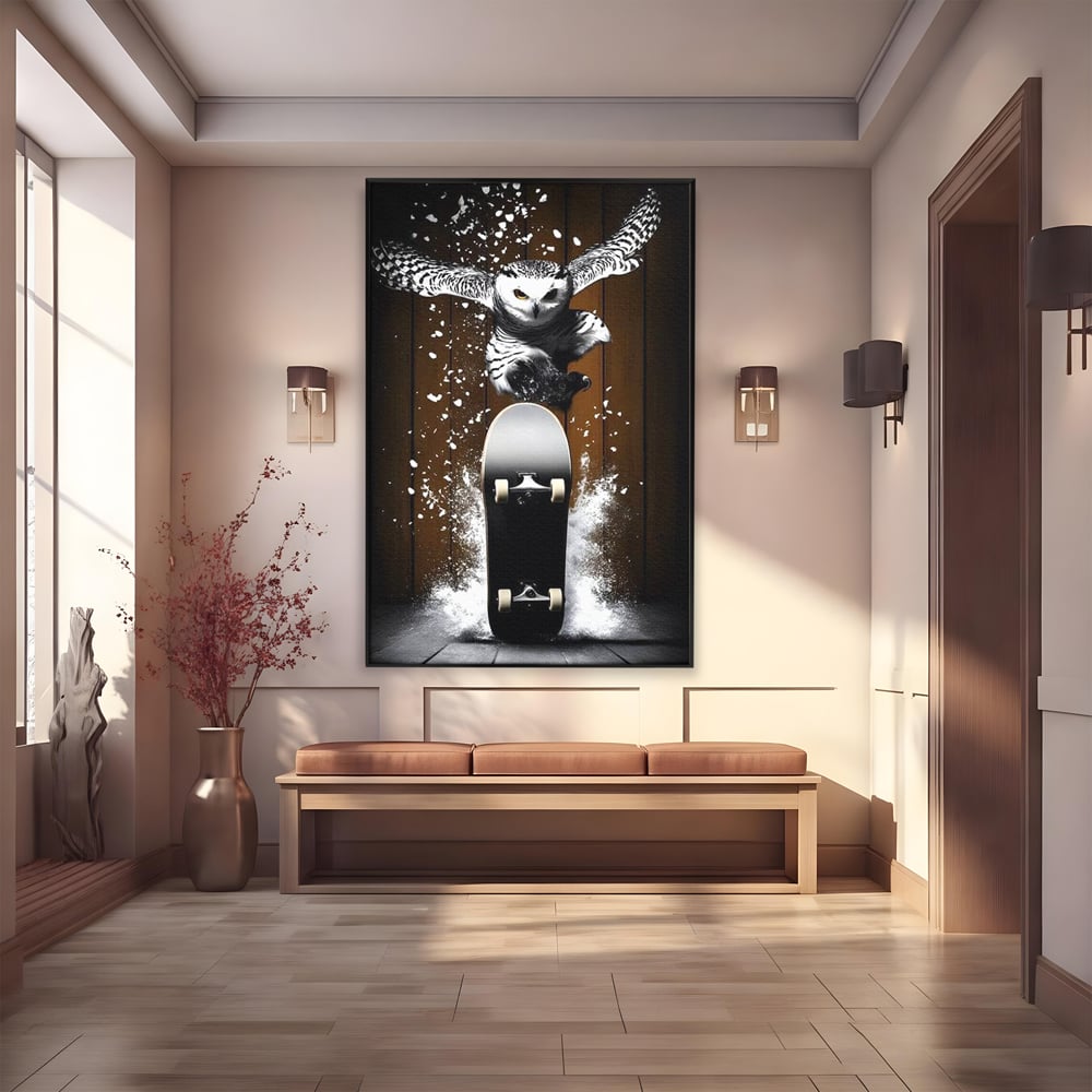 Tablou canvas cu tablou canvas cu bufnita pe skateboard, in rama de aluminiu negru