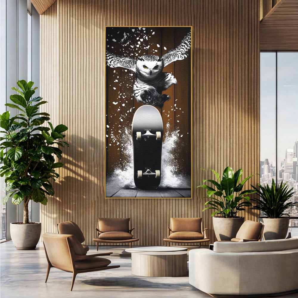 Tablou canvas cu tablou canvas cu bufnita pe skateboard, in rama de aluminiu auriu, pe perete intr-un birou