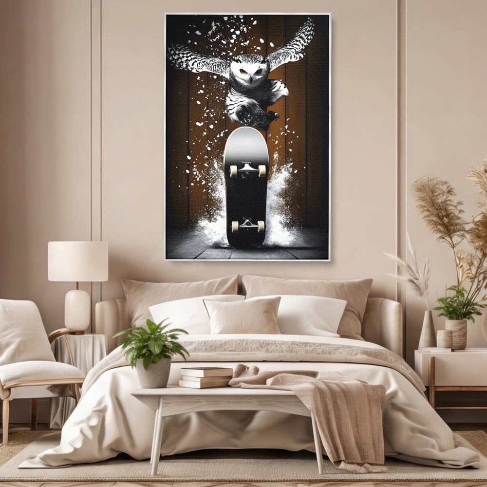 Tablou canvas cu tablou canvas cu bufnita pe skateboard, in rama de aluminiu argintiu, pe perete intr-un dormitor