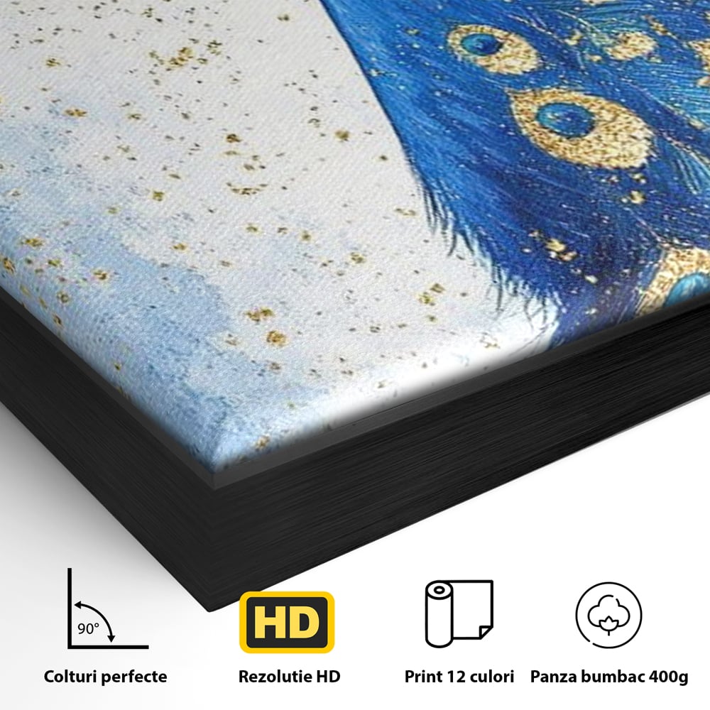 Detaliu al suprafetei: tablou canvas cu profil de paun, in rama de aluminiu negru