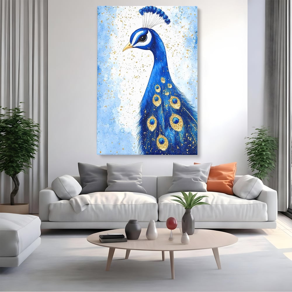 Tablou canvas cu tablou canvas cu profil de paun, fara rama, pe sasiu de lemn, pe perete intr-un living