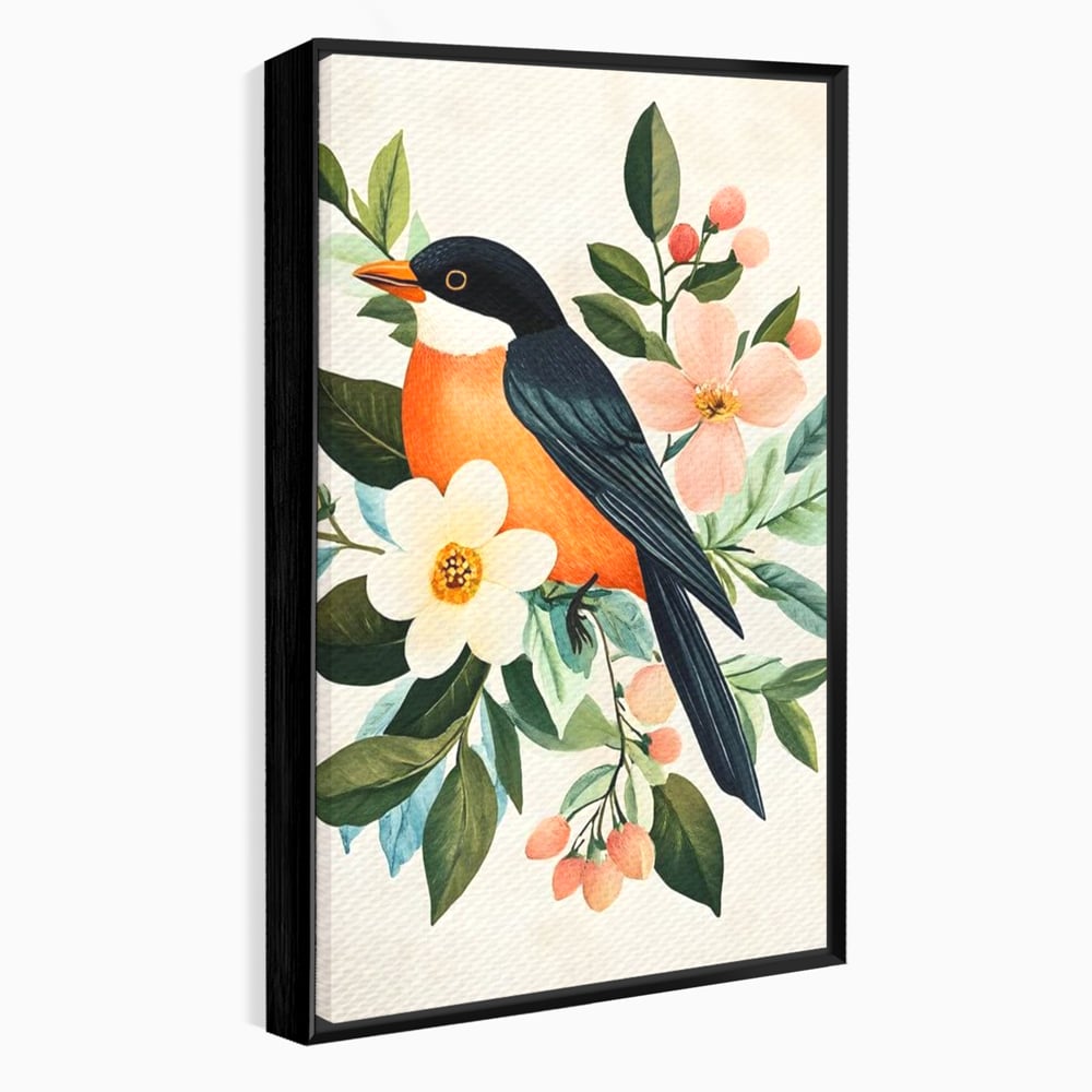 Tablou canvas cu tablou canvas cu pasare portocalie si flori, in rama de aluminiu negru